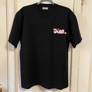Dior & Kaws Black Tee with Pink Snake Logo
